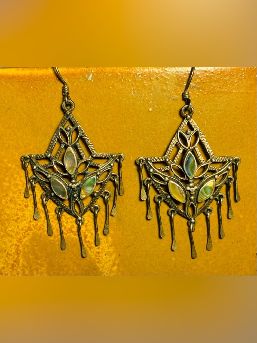 Vintage Detailed Signed Sterling Abalone Shell Earrings